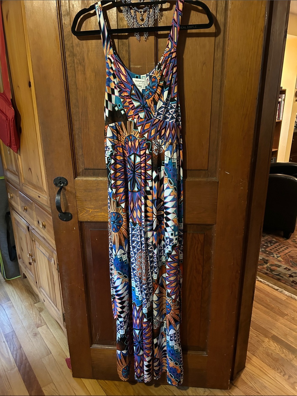 Sleeveless Geometric Print Maxi Dress in Blue & Orange by
